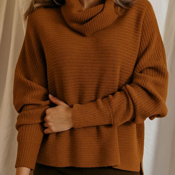 Rachel Zoe – Ribbed Cowl Neck Sweater – Size M – Caramel Rust Brown – NWT - Picture 1 of 4